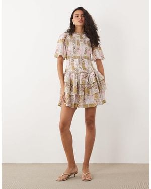 Y.A.S Shirred Bodice Tiered Ruffle Hem Mini Dress - Natural