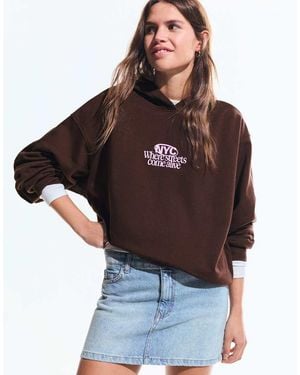 Bershka Printed Hoodie - Brown