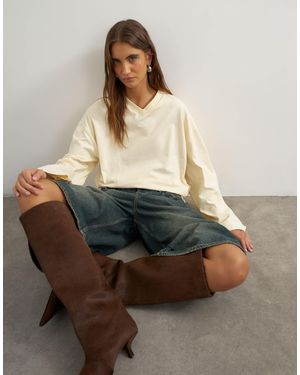 TOPSHOP V Neck Long Sleeve Skater Top - Natural