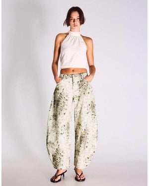 Bershka Barrel-leg Print Trousers - Natural