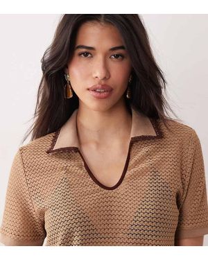 Kaiia Exclusive Crochet Contrast Trim Collar Detail Cropped Polo Top Co-ord - Brown