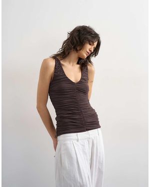 TOPSHOP Ruched V-neck Tank Top - Brown