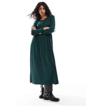 Wednesday's Girl Long Sleeve Smudge Spot Midi Dress - Green