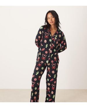 Chelsea Peers Pijama De Manga Larga Con Cuello De Solapas Y Estampado Navideño De Caramelos De Poliéster De - Negro