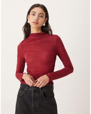 ASOS High Neck Semi Sheer Long Sleeve Top - Red