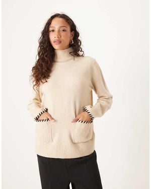 Threadbare Turtleneck Jumper With Pocket Front Detail And Contrast Stitching - Natural
