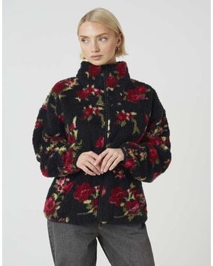 Brave Soul Sherpa Fleece Floral Print Zip Sweatshirt - Black