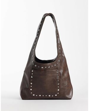 Kaiia Exclusive Faux Leather Silver Studded Pocket Detail Shoulder Bag - Brown