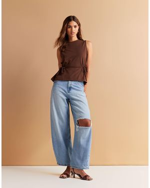 ASOS High Waisted Barrel Leg Jeans With Rips - Blue