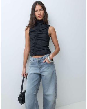Aware High Neck Sleeveless Ruched Detail Top - Blue