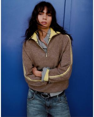 Bershka Pull à col contrastant avec demi-zip camel - Bleu