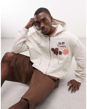 AllSaints Patcher Patcher Zip Through Embroidered Logo Hoodie - Natural