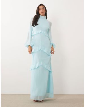 DASKA – gestuftes, hochgeschlossenes chiffon-maxikleid - Blau