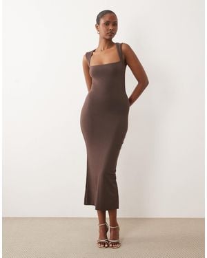 Oh Polly Modal Square Neck Slinky Midi Dress - Natural