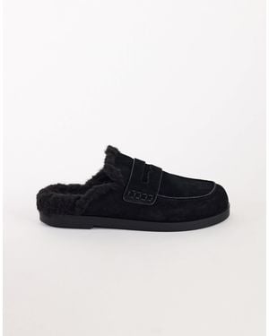 TOPSHOP Addie mule-loafer aus echtem wildleder mit lammfell - Schwarz