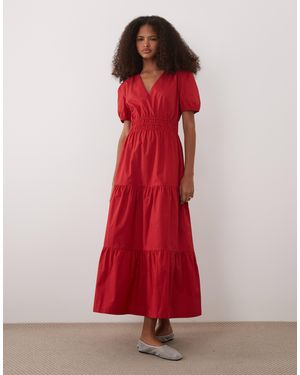Threadbare Cotton Poplin V-neck Puff Sleeve Tie Midi Dress - Red