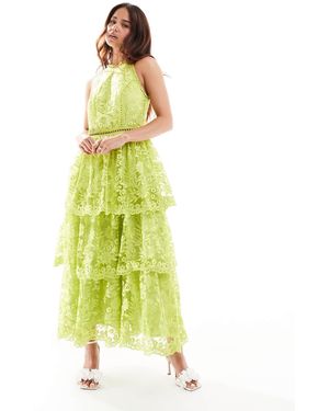 Maya Halterneck Tiered Lace Midi Dress - Green