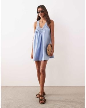 ASOS V Neck Smock Poplin Mini Sundress With Lace Overlay - Blue