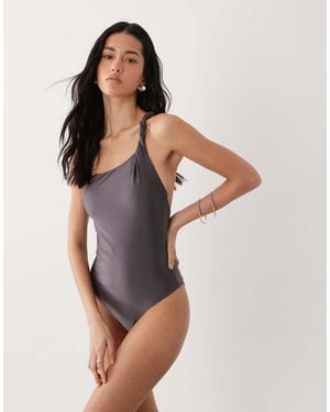 Mango Twist Detail One Shoulder Swimsuit - Grey