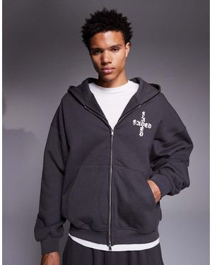 Faded Store Gothic Logo Back Print Double Zip Through Hoodie Co-Ord - Grey