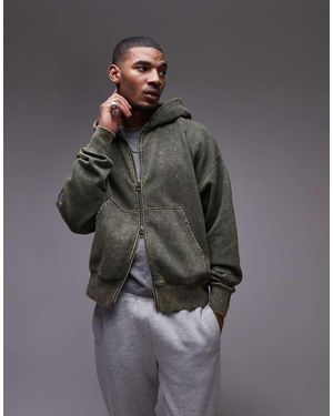 TOPMAN Premium Heavyweight Oversized Acid Wash Zip Through Hoodie - Grey