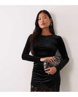 New Look Lace Trim Long Sleeve Velvet Mini Dress - Black