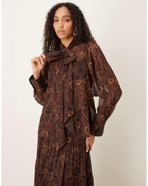 Mango Chiffon Blouse With Neck Tie Co-ord - Brown