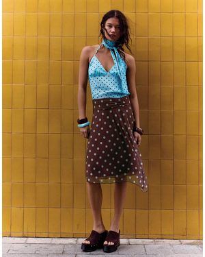 Bershka Asymmetric Polka Dot Midi Skirt - Brown