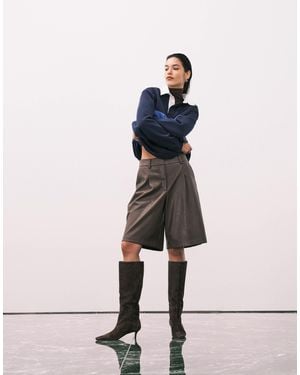 ASOS Leather Look Longline Pleat Front Safari Shorts - Blue