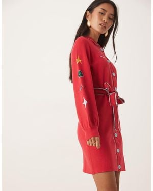 Never Fully Dressed Ski Motif Knit Cardigan Mini Dress - Red