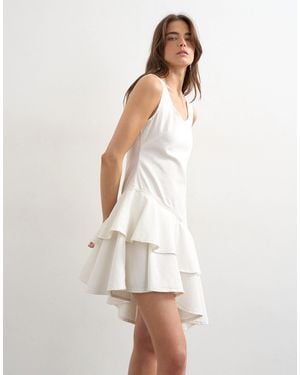 TOPSHOP Denim High Low Ruffle Dress - White