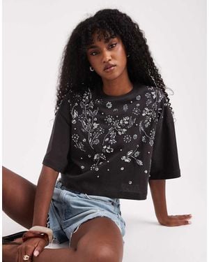Miss Selfridge Embellished Cropped Tee - Grey