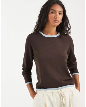 ONLY Top en maille légère avec bordures contrastantes - Marron