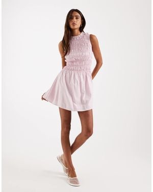 Daisy Street Contrast Stitch Shirred Mini Dress - Pink