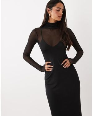 AFRM Vestido Midi Con Cuello Alto De Malla, Manga Larga Y Forro Tipo Camisola - Negro
