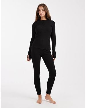 Threadbare Ribbed Button Down Long Sleeve Loungewear Set - Black