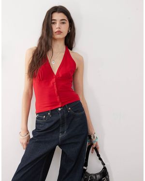 Collusion Buttoned Halter Top - Red