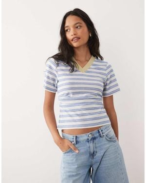 ASOS Contrast Rib V Neck Cinched Waist Top - Blue