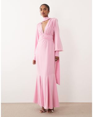 Pretty Lavish Scarf Detail V-neck Deep Cuffs Satin Maxi Dress - Pink