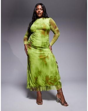 ASOS Asos Design Curve Long Sleeve Printed Mesh Ruffle Maxi Dress - Green