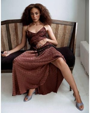 TOPSHOP Satin Strappy Maxi Dress With Jacquard Embroidery And Fringing - Brown