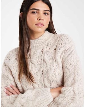 Vero Moda Oversized High Neck Fluffy Cable Knit Jumper - Natural