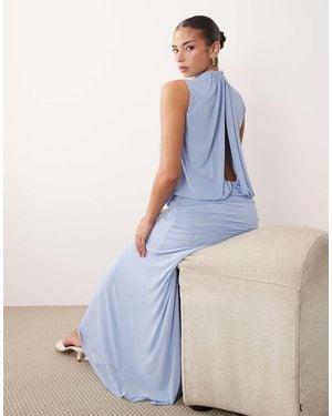 ASOS Mesh Blouson Maxi Dress With Ruched Dropped Waist Skirt - Blue