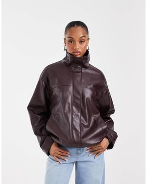 ASOS Asos Design Tall Clean Leather Look Funnel Track Bomber Jacket - Brown