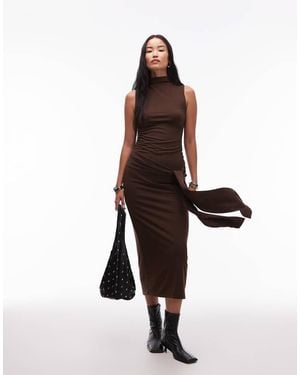 Nia Victoria High Neck Slinky Midaxi Dress - Brown