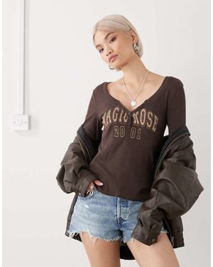 Monki Long Sleeve Henley Button Top With Flared Sleeves And Yellow Varsity Print - Multicolour