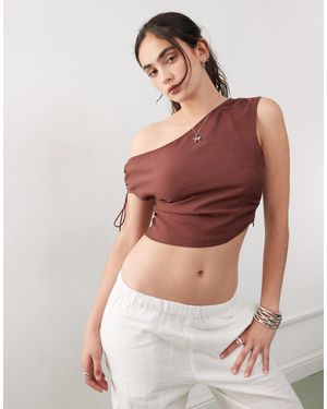 Monki One Shoulder Top With Ruched Sides And Tie Detail - Brown