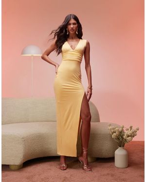 Oh Polly Sloane Split Plunge Neck Maxi Dress - Natural