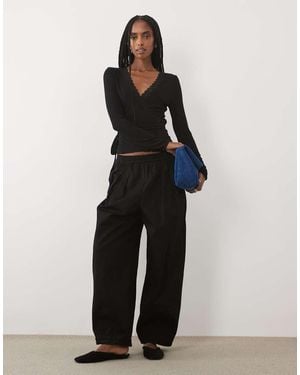 Miss Selfridge Lace Trim Wrap Top - Black