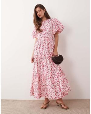 Y.A.S Volume Sleeve Tiered Cotton Maxi Dress - Pink